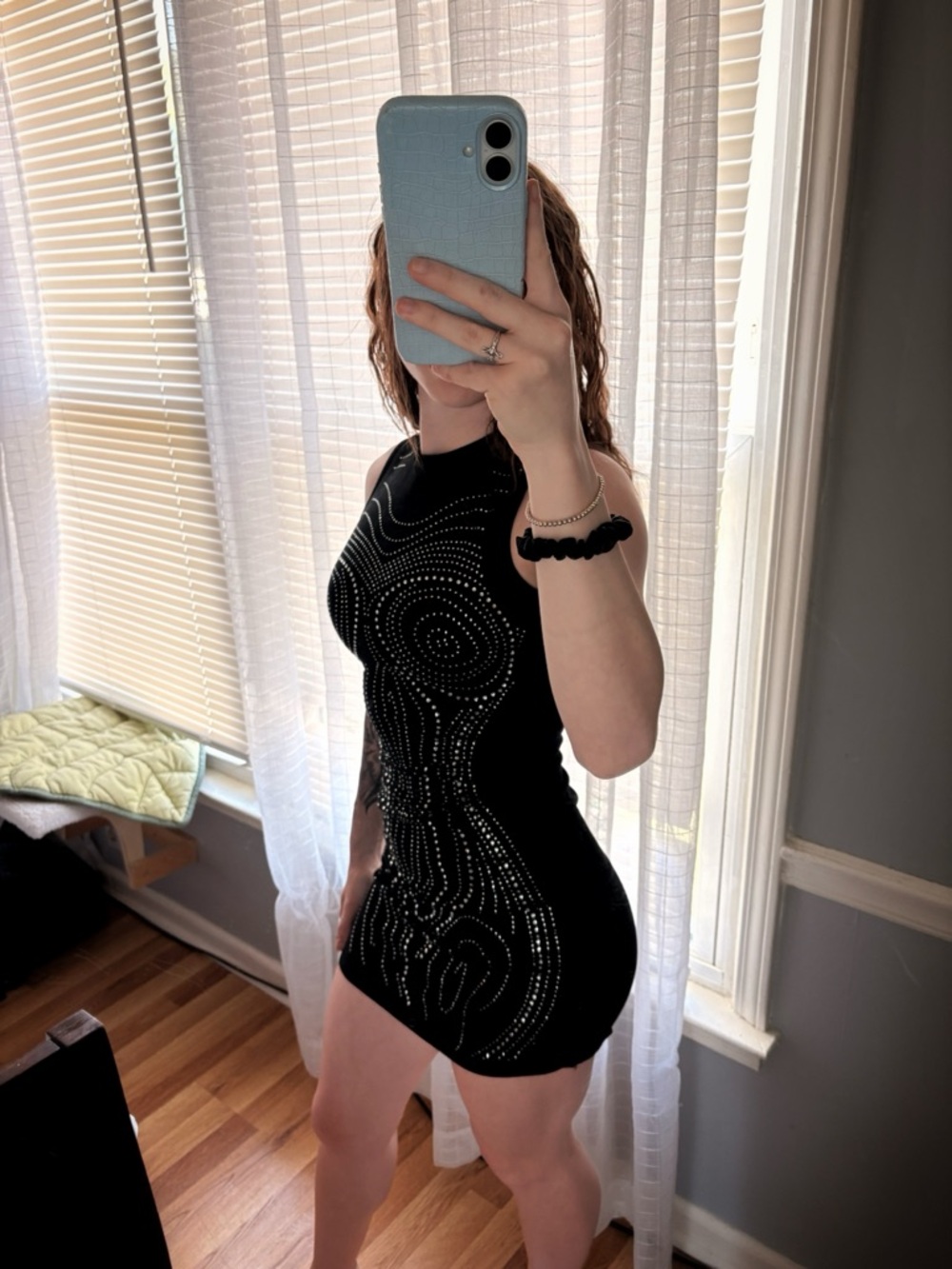 Source Unknown Black Mini Dress with Silver Studded Swirl Design